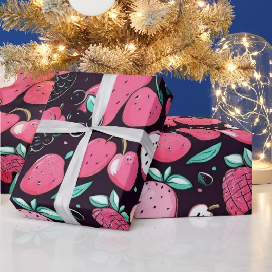 ピンク色のフルーツ黒の装飾 ラッピングペーパー (クリスマス)