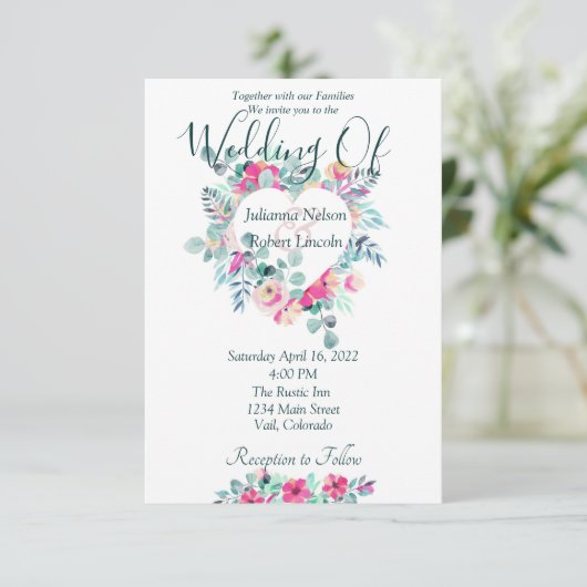 ピンク色のフローラハート結婚式招待状 招待状 (スタンド正面)