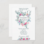 ピンク色のフローラハート結婚式招待状 招待状 (正面/裏面)