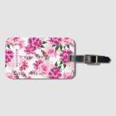 ピンク色のフローラパーソナライズされた名ガーリー ラゲッジタグ (正面横)