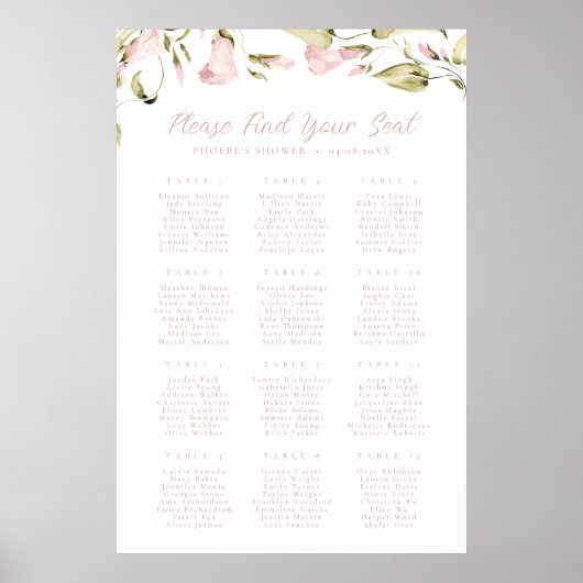 ピンク色のフローラブライダルシャワーシーティングチャート ポスター (正面)