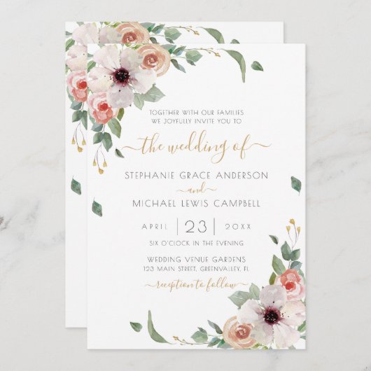 ピンク色のフローラモダン結婚の 招待状 (正面/裏面)