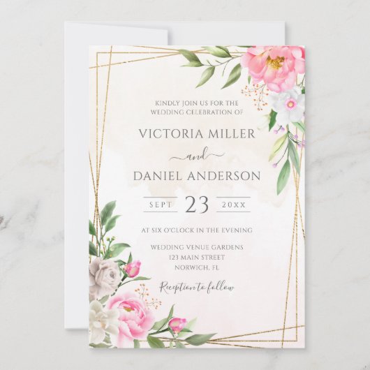 ピンク色のフローラ幾何学的金ゴールド 招待状 (正面)