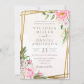 ピンク色のフローラ幾何学的金ゴールド 招待状 (正面)