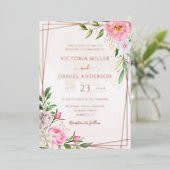 ピンク色のフローラ幾何学的金ゴールド 箔招待状 (立ち正面)