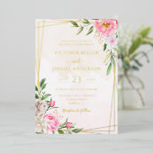 ピンク色のフローラ幾何学的金ゴールド 箔招待状 (立ち正面)