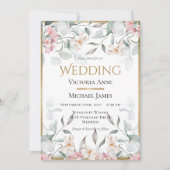 ピンク色のフローラ結婚緑 招待状 (正面)