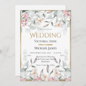 ピンク色のフローラ結婚緑 招待状 (正面/裏面)