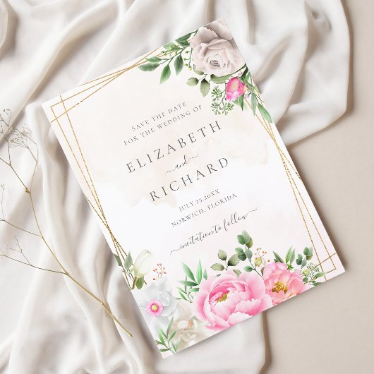 ピンク色のフローラ金ゴールドジオメト結婚リ セーブザデート