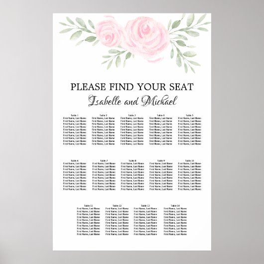 ピンク色のフローラ14テーブル座席表 ポスター (正面)