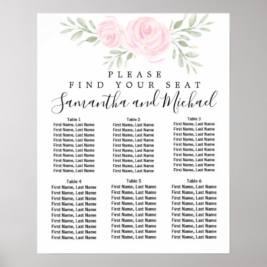 ピンク色のフローラ6テーブル座席表 ポスター (正面)