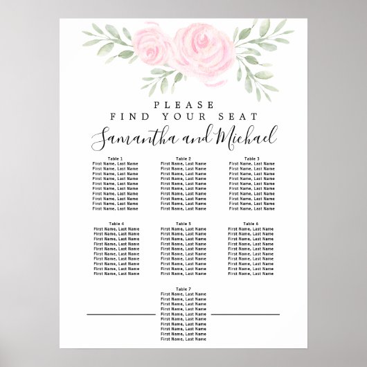 ピンク色のフローラ7テーブル座席表 ポスター (正面)