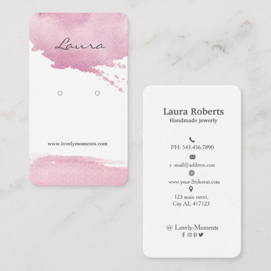 ピンク色のブラシストロークのイヤリング表示 名刺 (正面/裏面)