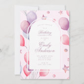 ピンク色のプリン | Balloons Stars Birthday Party Girl 招待状 (正面)