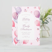 ピンク色のプリン | Balloons Stars Birthday Party Girl 招待状 (スタンド正面)