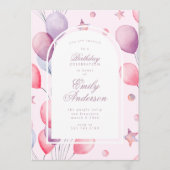 ピンク色のプリン | Balloons Stars Birthday Party Girl 招待状 (正面)