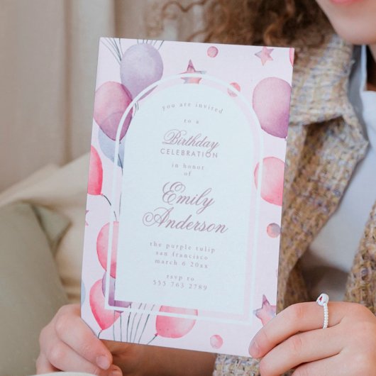 ピンク色のプリン | Balloons Stars Birthday Party Girl 招待状