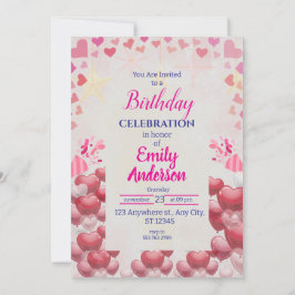 ピンク色のプリン | Balloons Stars Birthday Party Girl 招待状