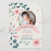 ピンク色のベビーガールのためのバプテスマ 招待状 (正面/裏面)