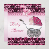 ピンク色のベビーシャワーを着たかわいい女の子 招待状 (正面/裏面)