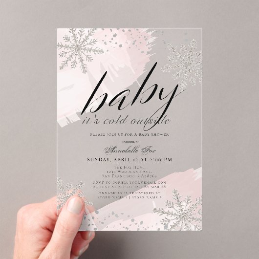 ピンク色のベビーシャワー外は寒い アクリル招待状 (インサイチュ (ポータブル))