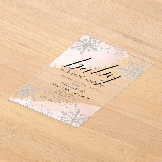 ピンク色のベビーシャワー外は寒い アクリル招待状 (レイダウン)