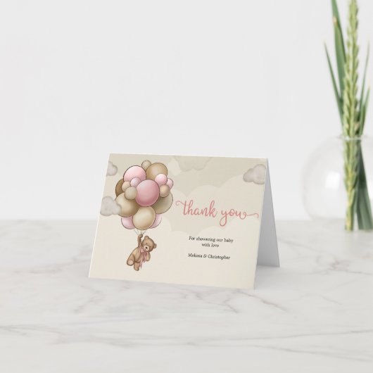 ピンク色のベージュ色の風船テディベアは感謝していあなたを負担 サンキューカード (正面)