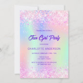 ピンク色のホログラフィ10代のーの女の子の誕生日パーティー 招待状 (正面)