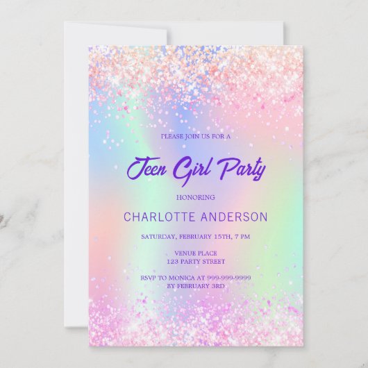 ピンク色のホログラフィ10代のーの女の子の誕生日パーティー 招待状 (正面)