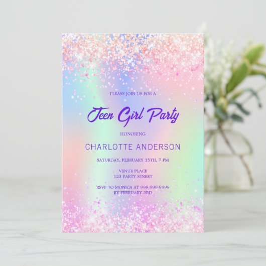ピンク色のホログラフィ10代のーの女の子の誕生日パーティー 招待状 (スタンド正面)