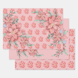 ピンク色のポインセティアス・クリスマスの花 ラッピングペーパーシート