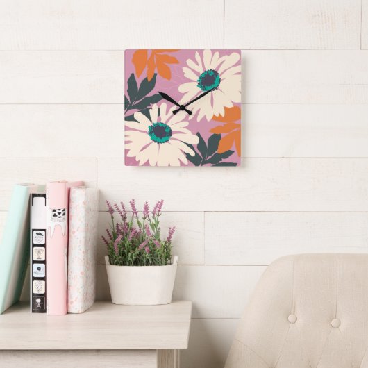ピンク色のポップ・アートのデイジー芸術的フローラ スクエア壁時計 (読書スペース)