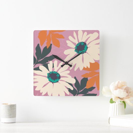 ピンク色のポップ・アートのデイジー芸術的フローラ スクエア壁時計 (ホーム)