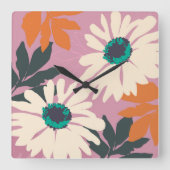 ピンク色のポップ・アートのデイジー芸術的フローラ スクエア壁時計 (正面)