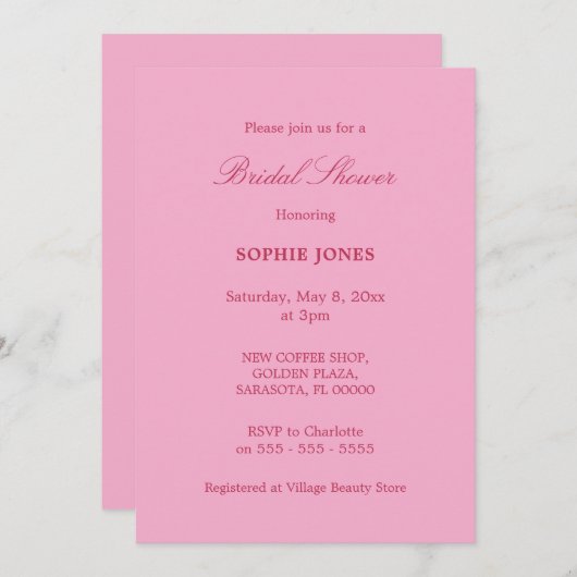 ピンク色のマゼンタのブライダルシャワーへの招待 招待状 (正面/裏面)