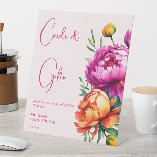 ピンク色のマゼンタの桃の牡丹のカードとギフト 台座サイン (インサイチュ)