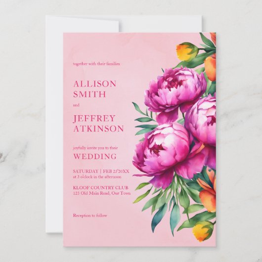 ピンク色のマゼンタ色の牡丹結婚がテンプレートに入る 招待状 (正面)