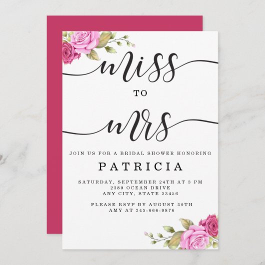 ピンク色のマゼン恋しく思タフローラからMrsブライダルシャワー 招待状 (正面/裏面)