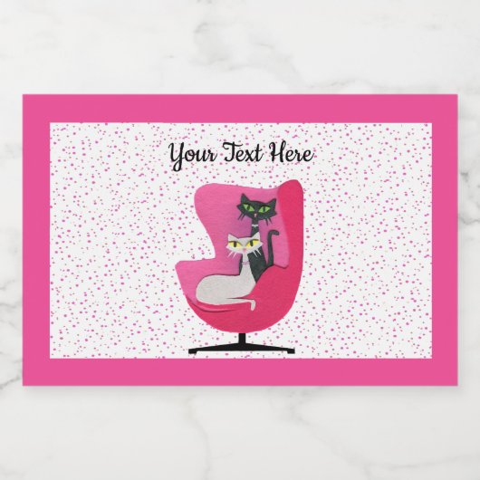 ピンク色のミッドセンチュリーチェア水玉模様の2匹かわいい猫 フードラベル (シングルラベル)