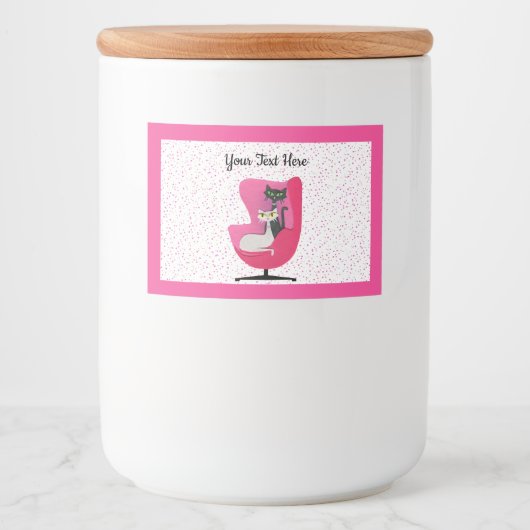 ピンク色のミッドセンチュリーチェア水玉模様の2匹かわいい猫 フードラベル (正面)