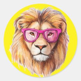 ピンク色のメガネが黄色い背景のライオン ラウンドシール