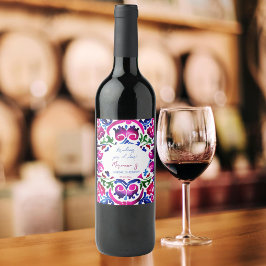 ピンク色のメキシコのタイルブライダルシャワー応援 ワインラベル