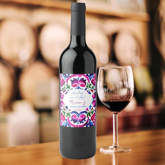 ピンク色のメキシコのタイルブライダルシャワー応援 ワインラベル