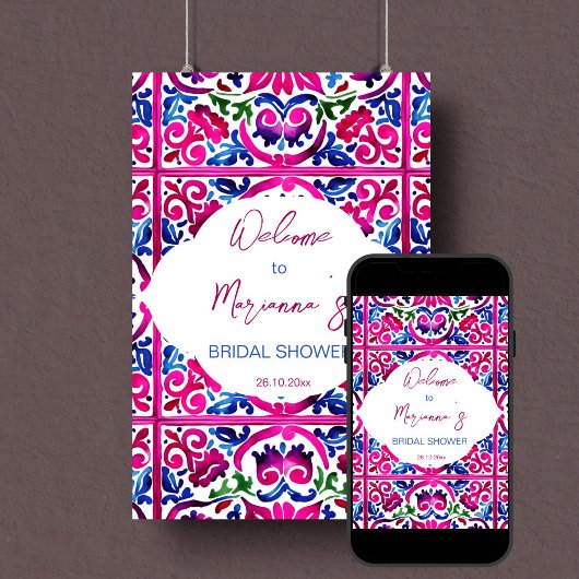 ピンク色のメキシコのタイルブライダルシャワー歓迎サイン ポスター