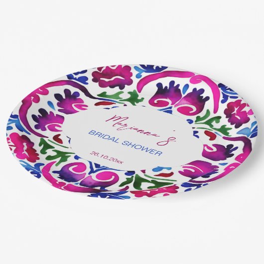 ピンク色のメキシコのタイルブライダルシャワー食器 ペーパープレート (アングル)