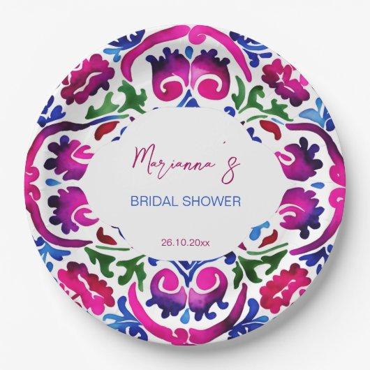 ピンク色のメキシコのタイルブライダルシャワー食器 ペーパープレート (正面)
