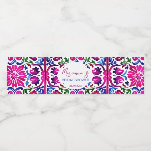 ピンク色のメキシコのタイルブライダルシャワー パーソナライズされた ペットボトルラベル (シングルラベル)