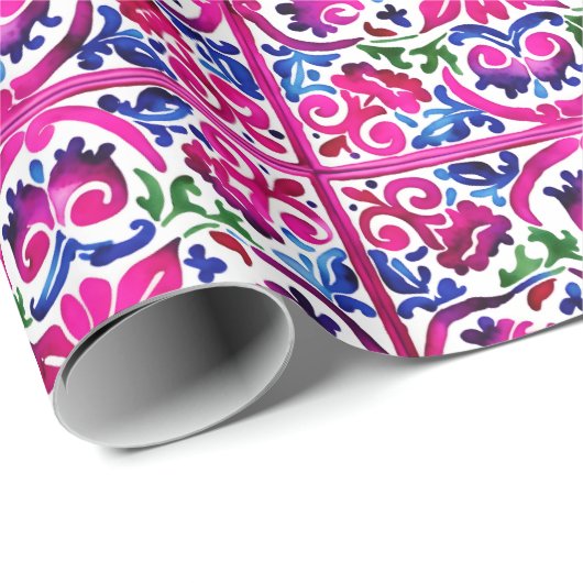 ピンク色のメキシコのタラベラのタイル模様 ラッピングペーパー (ロールコーナー)