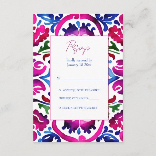 ピンク色のメキシコのタラベラのタイル結婚式RSVP エンクロージャーカード (正面)