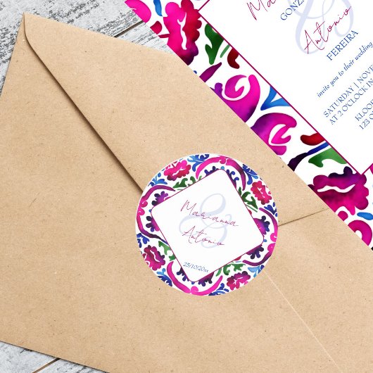 ピンク色のメキシコのタラベラ結婚タイルのテンプレート ラウンドシール